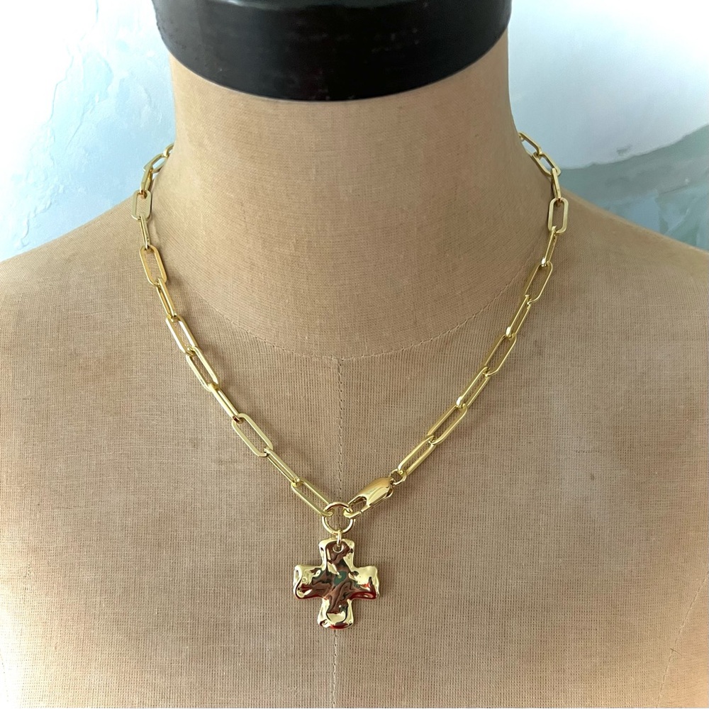 NEW Hammered Gold Cross Paperclip Necklace